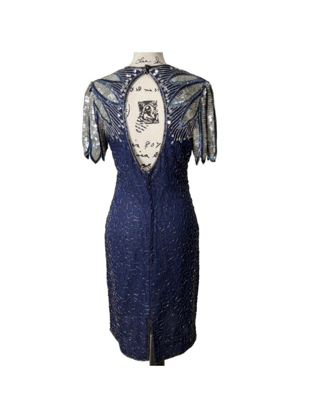 Vtg Laurence Kazar Women Size S Beaded Sequin Cocktail Dress Navy Blue Silk 80s - Picture 2 of 7